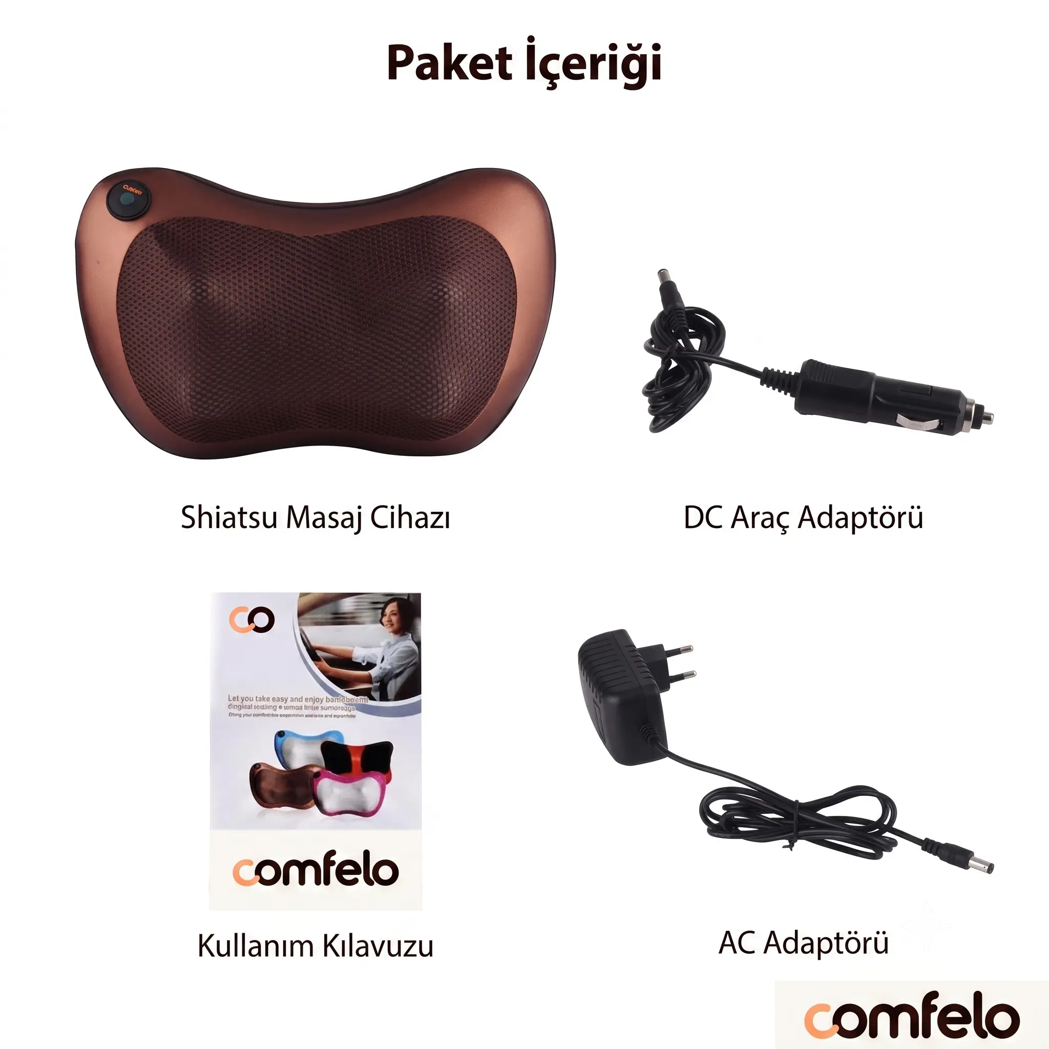 Paket içeriği: shiatsu masaj cihazı, ev ve araç adaptörü, kullanım kılavuzu